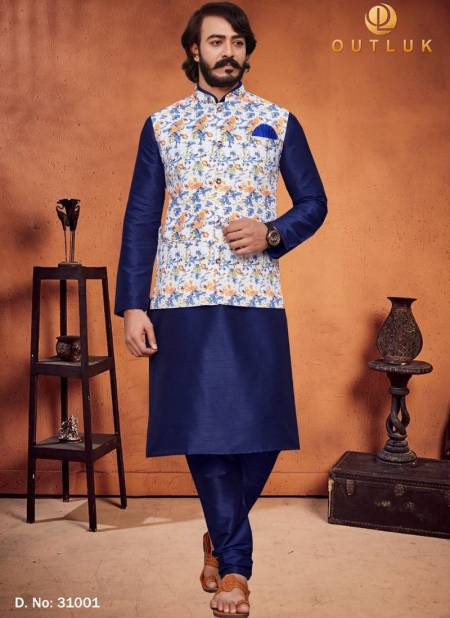 Blue Colour Exclusive Festive Wear Art Silk Digital Printed Kurta Pajama With Jacket Mens Collection 31001